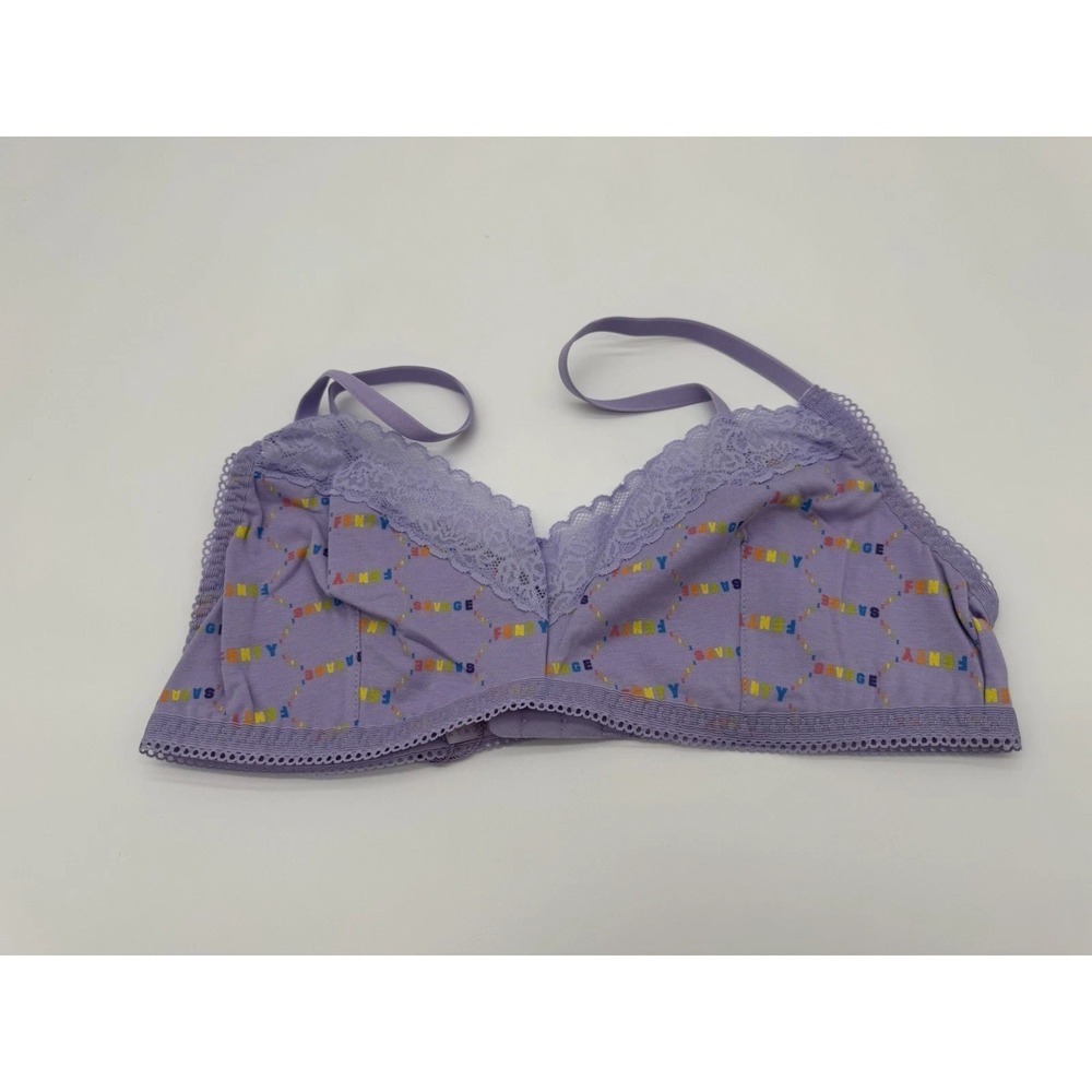 Savage X Fenty Bralette Purple Lace Trim Logo Print Wireless Bra Size L NWT